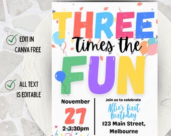 3rd Birthday Invitation Template, Three Birthday Invite, Colorful Kids Party Invitation, 3rd Birthday Party Invite, Printable Invitation