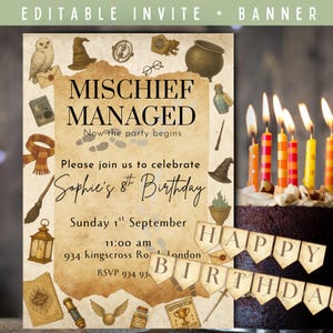 May include: A birthday invitation card with a parchment-style background featuring illustrations of an owl, a cauldron, a broom, and a scarf. The text reads MISCHIEF MANAGED, Sophie's 8th Birthday, Sunday 1st September, 11:00 am, 934 kingscross Rd, London.