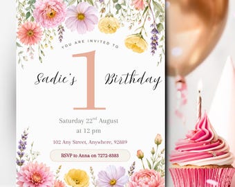 Wildflower 1st Birthday Invitation Template, Editable Floral First Birthday Invite, Garden Birthday Party, Canva Digital Download