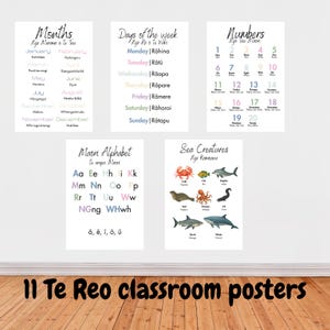 May include: Eleven Te Reo classroom posters. The posters display educational content, including months, days of the week, numbers, the Maori alphabet, and sea creatures. The posters are white with black text and colorful illustrations.