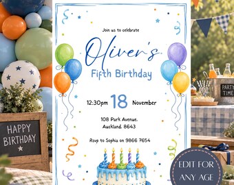 Colorful Birthday Invitation, Kids Birthday Party, Editable Canva Template, Any Age