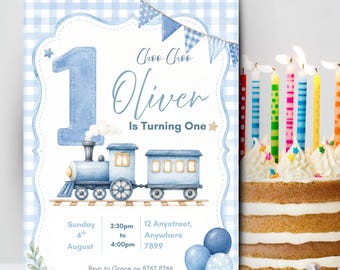 Blue Train First Birthday Invitation | Editable Choo Choo Birthday Invite | Vintage Train Party | Canva Template