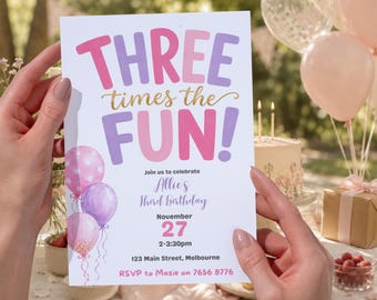 Three Times the Fun Birthday Invitation, 3rd Birthday Party Invite, Colorful Girl Birthday, Editable Canva Template, Instant Download