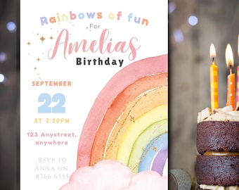 Rainbow Birthday Invitation Template, Pastel Rainbow Birthday Invite, Editable Girls Birthday Invitation, Watercolor Rainbow Party Invite