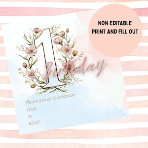 1ère invitation d'anniversaire florale | Carte imprimée | À remplir | Premier anniversaire d'une fille | Aquarelle pastel