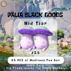 May include: Two whimsical, mushroom-shaped figures with purple caps and light purple bodies, adorned with star-like patterns. The image includes text that reads "PALIA BLACK GOODS", "Mid Tier", "X25", and "25 PCS of Madrinas Fun Guy".
