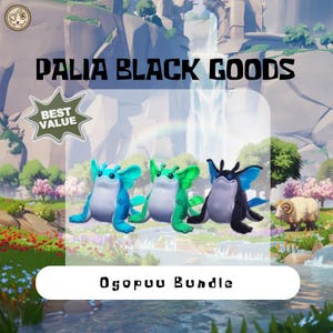 Puede incluir: Imagen de tres peluches Ogopuu en azul, verde y negro, con grandes orejas en forma de ala. Se muestra el texto "PALIA BLACK GOODS" y "Ogopuu Bundle". También hay una insignia de "BEST VALUE".