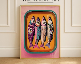 Grafika ścienna z puszką sardynek do druku, kolorowa ryba pop-art do dekoracji kuchni, fantazyjna ilustracja jedzenia do pobrania, odjechany prezent w stylu retro
