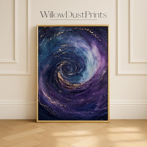 May include: A framed abstract painting featuring a swirling galaxy design in shades of blue, purple, and gold. The artwork has a gold frame and the text "WillowDustPrints" at the top.