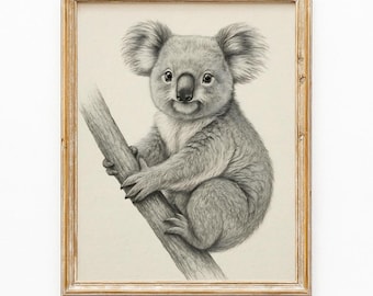 Realistic Koala Wall Art Printable Poster, Baby Koala Sketch for Nursery Decor, Animal Lover Gift, Koala Digital Download, Koala Decor Gift