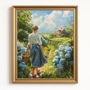 Blauwe hortensia schilderij, vintage bloemsierkunst print, romantische kunst digitale download, Cottage kern afdrukbare muurkunst, kleurrijke zomer oliekunst