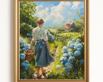 Blue Hydrangea Painting, Vintage Floral Art Print, Romantic Art Digital Download, Cottage core Printable Wall Art, Colourful Summer Oil Art