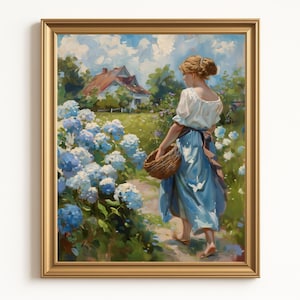 Blauwe hortensia schilderij, vintage bloemsierkunst, print, romantische kunst digitale download, afdrukbare muurkunst Cottagecore, kleurrijke zomerkunst