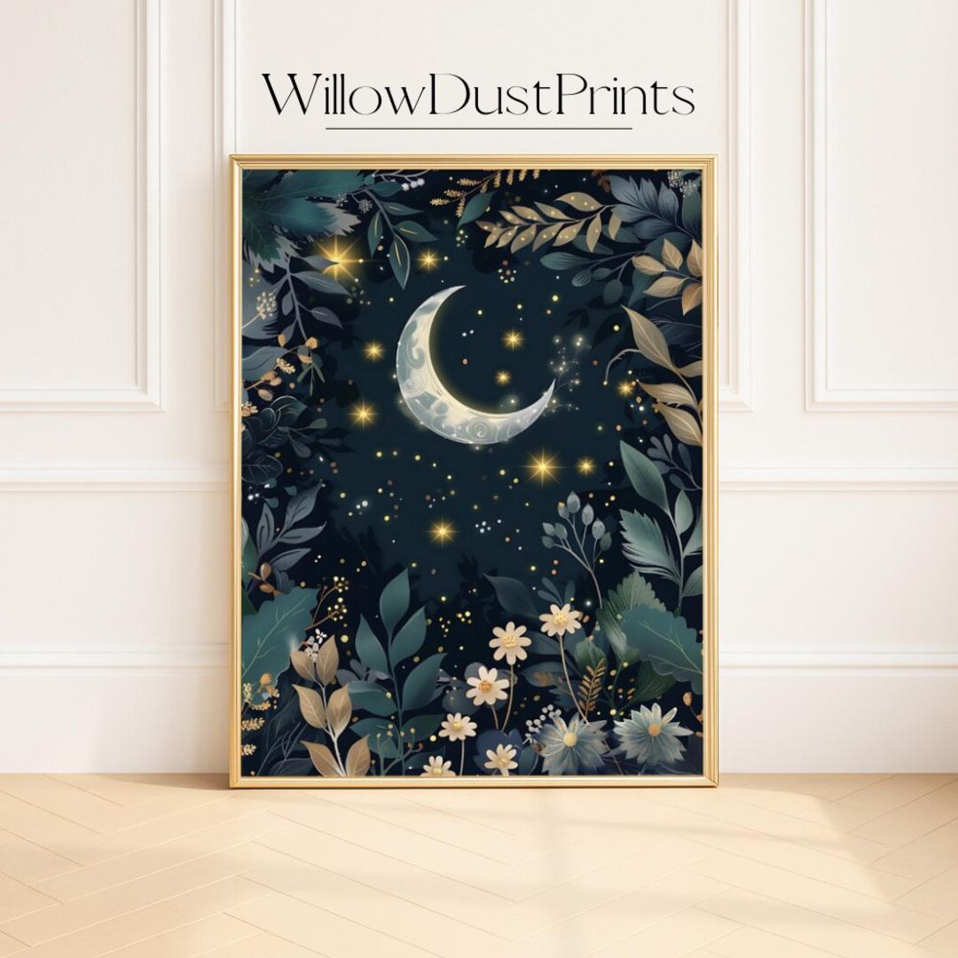 Crescent Moon Night Sky Printable, Mystical Floral Starry Wall Art for ...