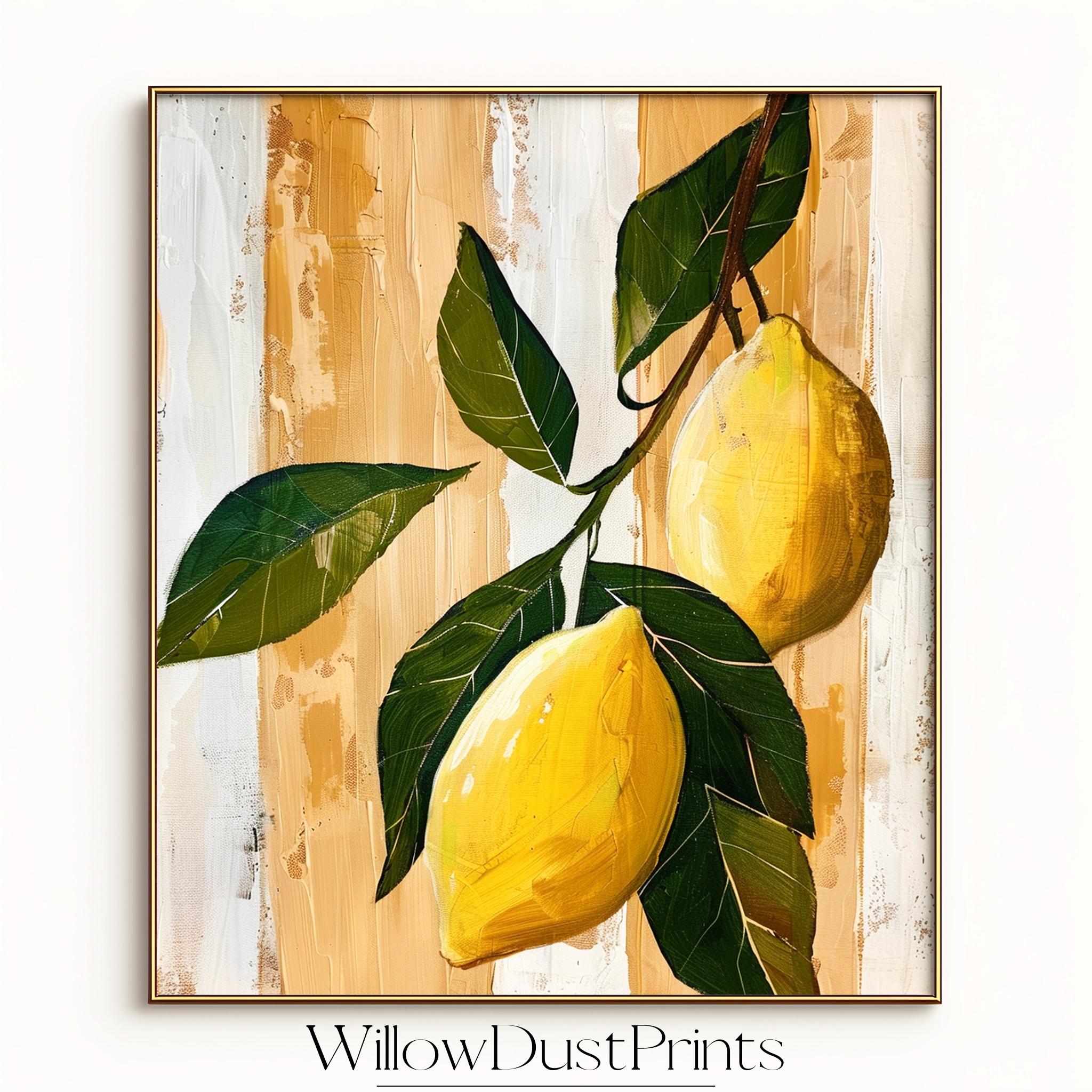 素朴なレモンの絵画 - 鮮やかな黄色のレモンと濃い緑の葉、夏の