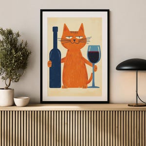 Dekoracja wózka barowego, plakat z kotem, wydruk wina, nowoczesny wystrój, modna sztuka ścienna, wydruk Cheers, osobliwy wystrój kuchni, zabawna sztuka ścienna z kotem i winem