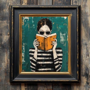 Woman Reading in Bed Poster, Book Lover Wall Art, Reading Nook Library Decor, Whimsical Retro Girly Poster, Cozy Bedroom Art, Oil Painting