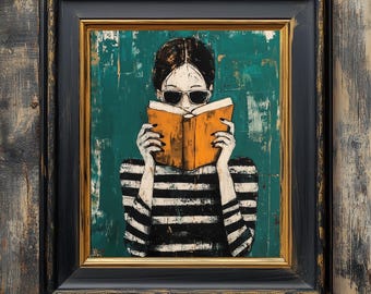 Kobieta czytająca w łóżku plakat, miłośniczka książek sztuka ścienna, czytelniczy kącik dekoracja biblioteki, fantazyjny plakat retro dziewczęcy, przytulna sztuka do sypialni, obraz olejny