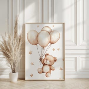 Teddy Bear Nursery Wall Art Print, Bear Nursery Decor, Bear Art, Teddy Flying Ballon, Nursery Child Kids Decor, Baby Neutral print, Nursery