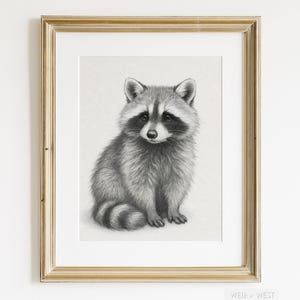 Raccoon Pencil Drawing Printable Wall Art – Woodland Nursery Animal Decor, Forest Wildlife Sketch, Rustic Baby Room Digital Download Gift