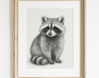 Raccoon Pencil Drawing Printable Wall Art – Woodland Nursery Animal Decor, Forest Wildlife Sketch, Rustic Baby Room Digital Download Gift