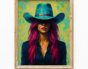 Cowgirl Digital Art Print, bunte Western Wandkunst für modernes Dekor, Cowgirl Poster für Haus, Landmädchen Porträt, rustikales digitales Geschenk