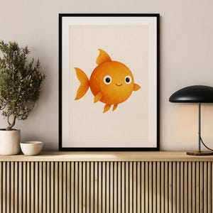 Schattige goudvis afdrukbare muurkunst, kinderkamer decor, leuke oceaan thema kinderkamer digitale download, schattige dieren muur kunst illustratie cadeau