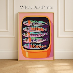 Colorful Sardine Pop Art Print, Retro Kitchen Wall Decor, Printable Fish Artwork, Sardines Digital Download, Beach House Art Gift Poster