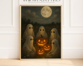 May include: A framed print featuring a Halloween scene. Six white ghosts surround three glowing jack-o'-lanterns under a full moon. The artwork has a vintage, slightly eerie aesthetic, perfect for seasonal decor. The text "WillowDustPrints" is at the top.