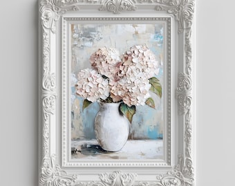 Pink Hydrangeas Vintage Painting, Floral Art Print, Romantic Art Digital Download, Cottage core Printable Wall Art, Soft Farmhouse Decor