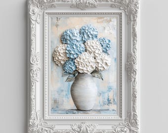 Blue Hydrangeas Vintage Painting, Floral Art Print, Romantic Art Digital Download, Cottage core Printable Wall Art, Soft Farmhouse Decor