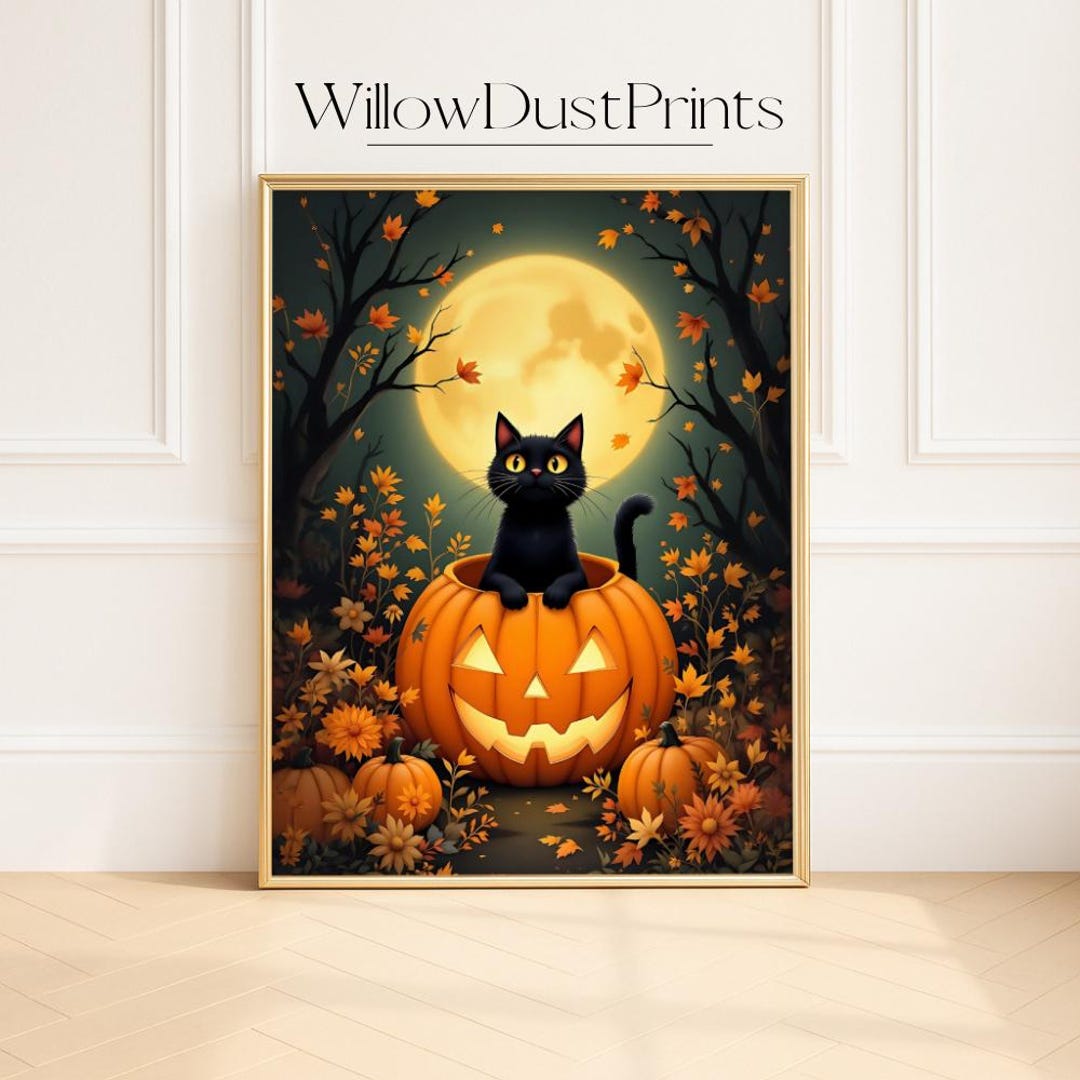 Halloween Black Cat Pumpkin Printable Wall Art, Cute Spooky Decor With