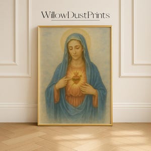 Immaculate Heart of Mary Wall Art Printable, Virgin Mary Sacred Heart Catholic Religious Decor, Christian Digital Download, Prayer Room Gift