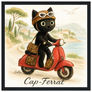 Gato de Cap-Ferrat – Póster vintage con marco de madera 30×30 cm | Estilo Riviera del dinero antiguo