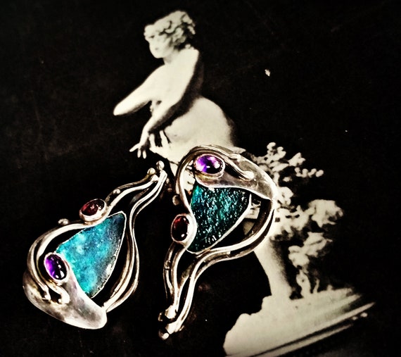 Art Nouveau Style Semi Precious Silver Earrings