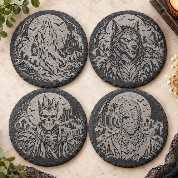 Engraved Halloween slate coasters – horror motifs, gothic decoration & gift idea