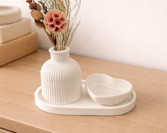 Vase with tray, heart-shaped bowl, set or individually - Modern minimalist decor - Scandinavian style - Gift idea, home accessory - Handmade look