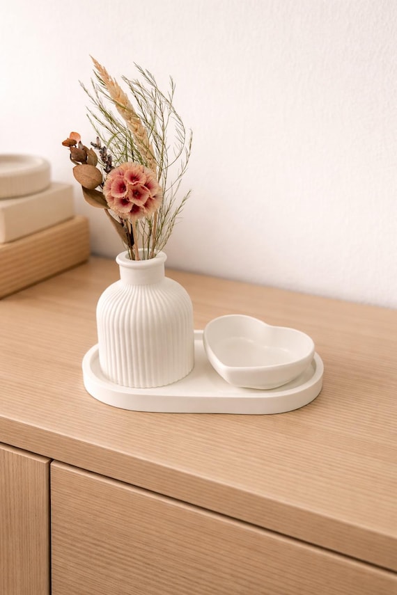 Raysin decorative set with tray, vase and heart-shaped bowl – white, set or individually
