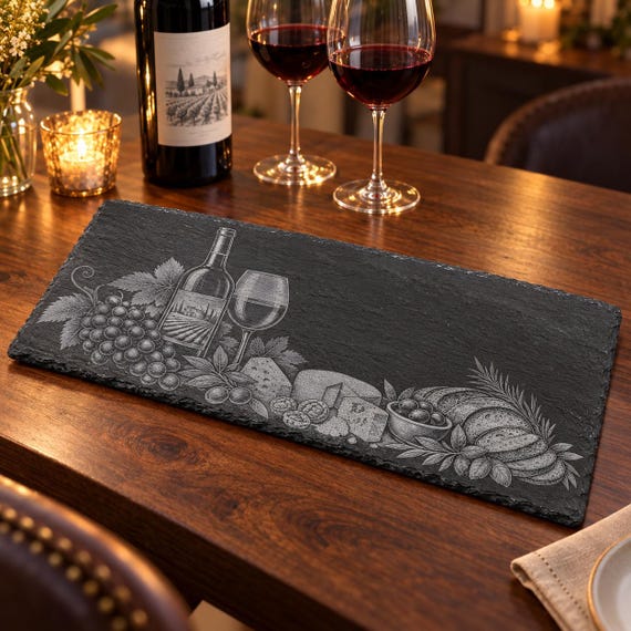 Engraved slate plate 35 × 15 cm – serving board with wine, cheese and bread motif - serving platter