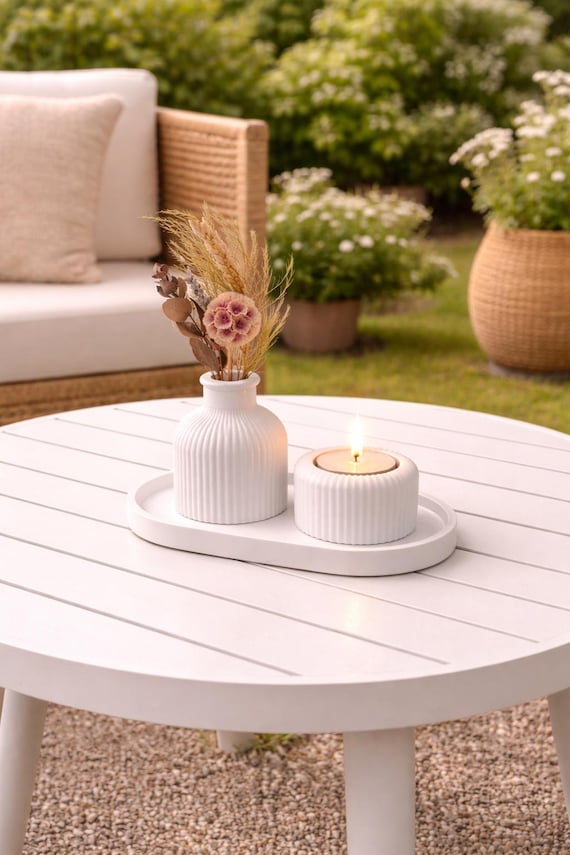 Raysin decorative set with oval tray, vase and tealight holder – 3-piece, white