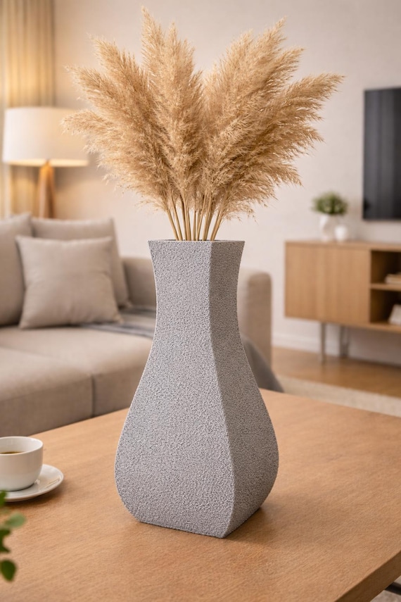 Geometric 3D printed vase made of PLA – vase with sand texture for dried flowers, 18 cm