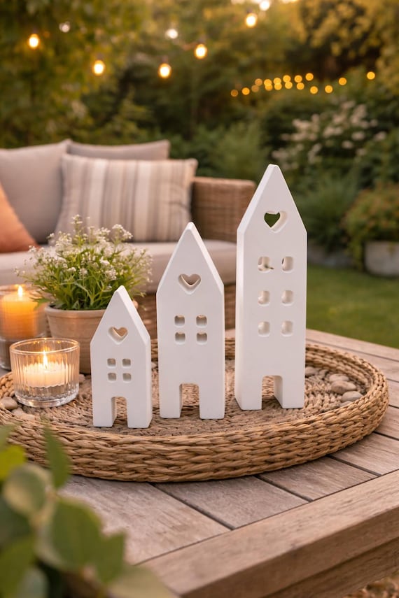 Decorative house set made of Raysin – three white houses with heart, 8–15 cm