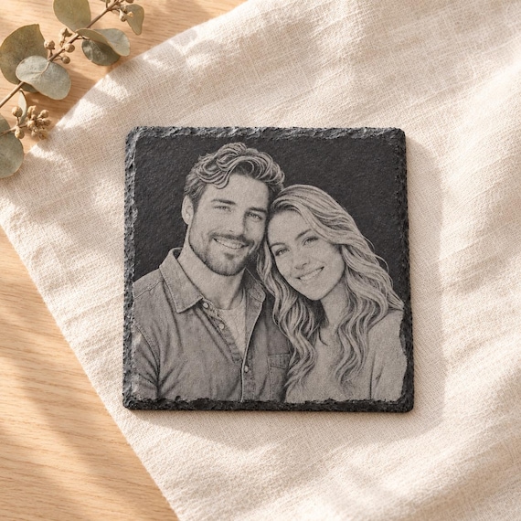 Personalized slate coaster with photo engraving | Gift for couples, weddings & anniversaries | Personalized coaster