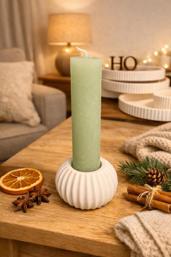 Ribbed candle holder made of Raysin – white taper candle holder, 4 cm