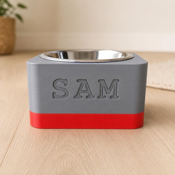 Two-tone personalized dog bowl holder with name – 12 cm high bowl stand including stainless steel bowl