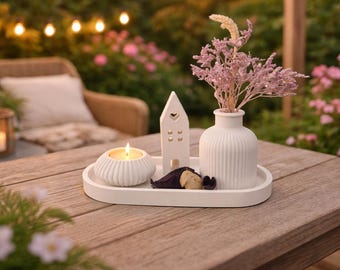 Decorative tray, vase, candle holder, house made of Raysin – Modern minimalist living room – Housewarming gift idea – Handmade