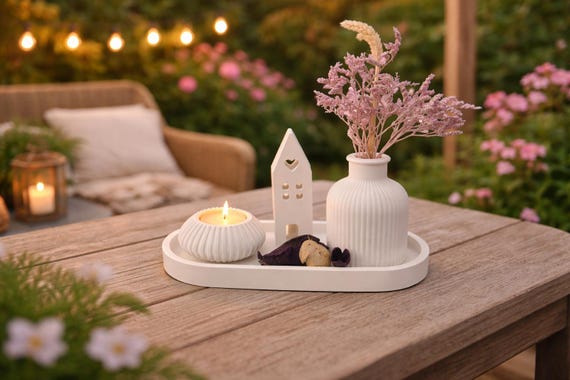 Raysin decorative set with tray, vase, tealight holder and house – 4 pieces, white