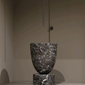 Black Marble Pedestal Sink – Hand-Carved Onyx Freestanding Basin, Modern Bathroom Vessel