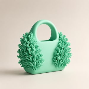 Puede incluir: Un bolso verde menta con un asa redondeada y adornos en forma de coral en la parte delantera. El bolso tiene una base rectangular y un acabado liso y mate. Los detalles en forma de coral añaden un elemento texturizado único al diseño.
