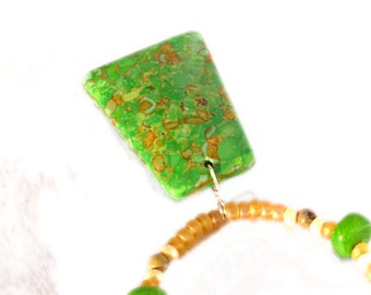 Green Sea Sediment Jasper Pendant Necklace with Brown Seed Beads and Jasper